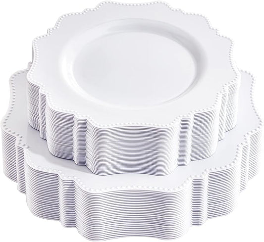 COLOSUS 60PCS White Plastic Plates-Fancy Plastic Beaded Plates,Plastic Premium Hard Plastic Plates for Party, Elegant White plates,Include10.5 Dinner plates & 8.25" Dessert plates for Mother's Day