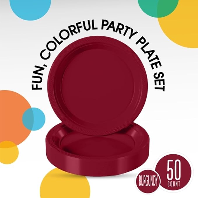 Exquisite Party Solids Burgundy Plastic Plates For Party Supplies 7" Burgundy Disposable Plates Heavy Duty 50 Pcs Plastic Dinnerware Sets Heavy Duty 350 GSM Disposable Dinnerware Set