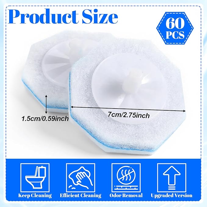 60 Counts Disposable Toilet Wand Refills Compatible with Most Bowl Brush Wand, Disposable Bathroom Toilet Brush Scrubber Heads, Toilet Bowl Cleaner Refill Pads for Stain Removal Deep Cleaning
