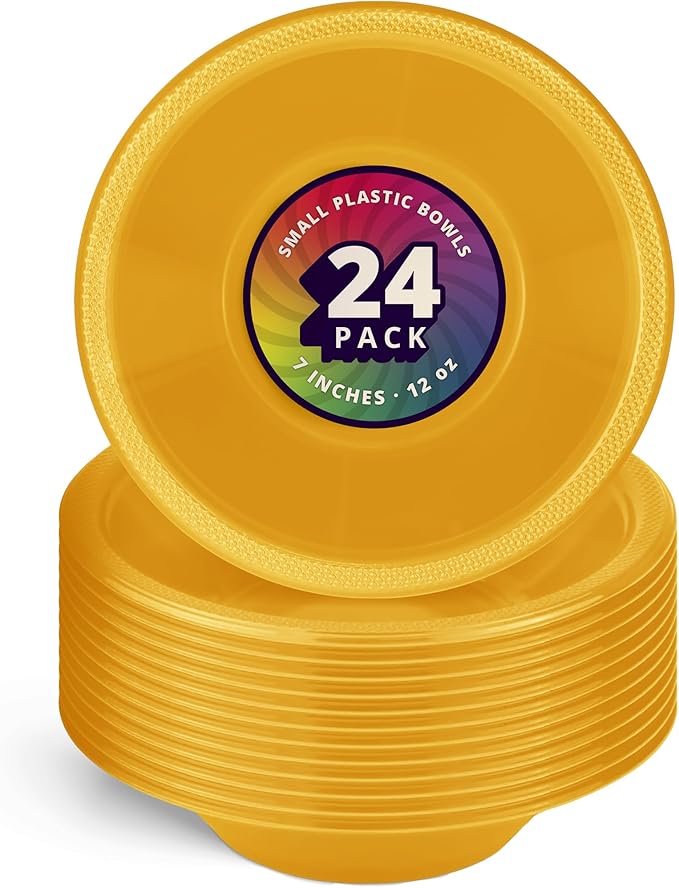 DecorRack 24 Small Plastic Bowls, 7 inch Disposable 12 oz Serving Bowl, Fruit Snack, Popcorn, Soup, and Salad, Kids Birthday and Holiday Party Supplies, Yellow (Pack of 24)