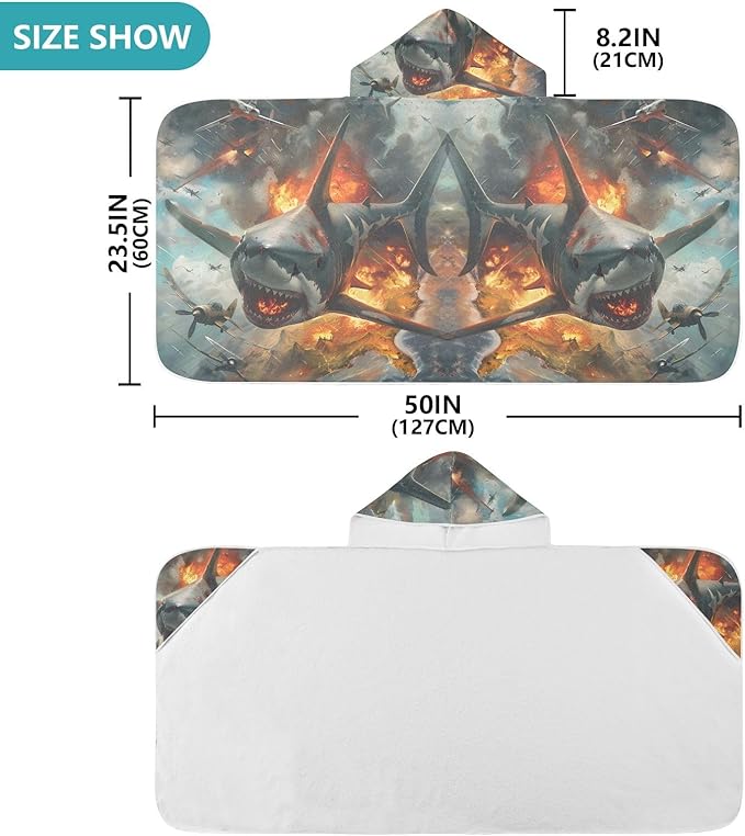 Hooded Towel for Kids Shark and War Fire Beach Wrap Bath Towels 50x23.5in