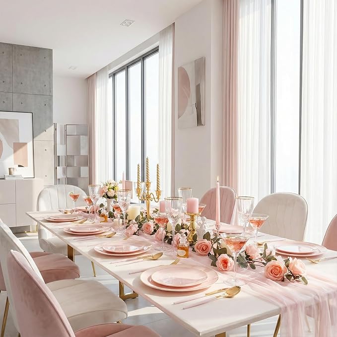 DaYammi 150Pcs Pink Plastic Plates with Gold Rim,Elegant Disposable Dinnerware with Gold Cutlery - 30 Dinner Plate,30 Dessert Plate,30 Knives,30 Forks,30 Spoons,Fancy Pink Plates for Party Wedding