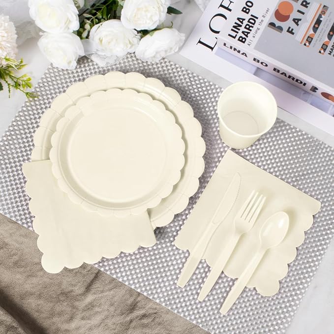 Vyntra 350 Pcs Ivory Disposable Paper Plates and Napkins Set for 50, 9" Dinner Plates & 7" Dessert Plates, Tableware for Wedding, Bridal Shower, Anniversary, Party
