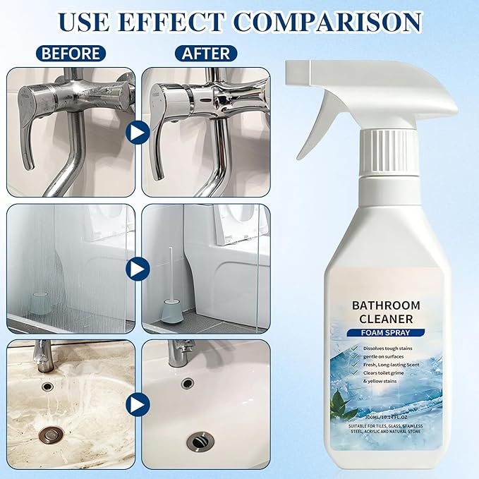 Berthg Scale Remover Bathroom Cleaner Foam Spray, 300 ml/10.14FLoz, suitable for tile, glass, stainless steel, acrylic and natural stone sinks, etc