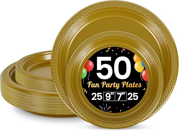 LANLISA 50 Pcs Gold Plastic Plates For Party, 25-9" & 25-7" Disposable Cake Dessert Plates For Birthday, Graduation Decorations, New Years Dinner