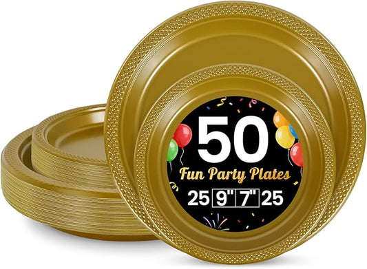LANLISA 50 Pcs Gold Plastic Plates For Party, 25-9" & 25-7" Disposable Cake Dessert Plates For Birthday, Graduation Decorations, New Years Dinner