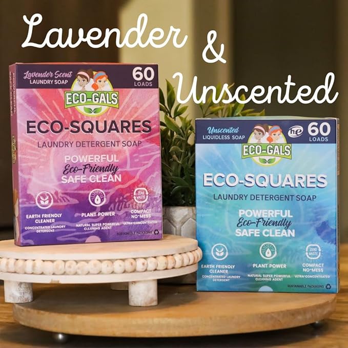 Eco-Gals Eco-Squares laundry detergent sheets with zero waste dry soap technology for cleaning linen and clothes in regular and high efficiency top or front load washing machines, Unscented