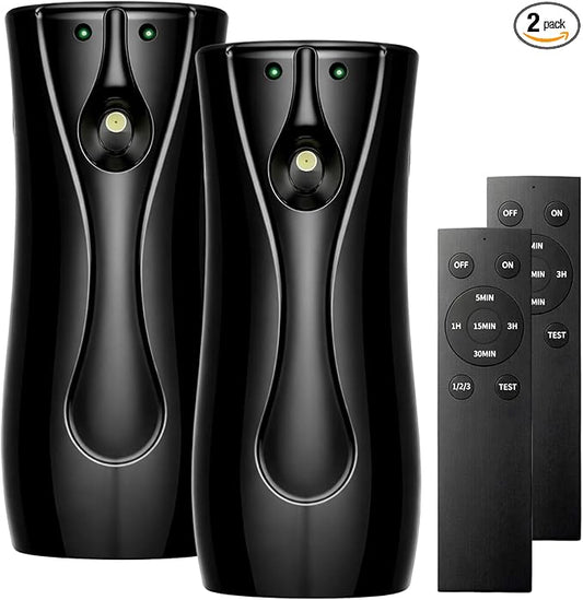 Automatic Air Freshener Dispenser 2-Pack with Remote, Battery Operated Wall Mount or Freestanding Spray, Adjustable Timer for Bathroom, Office & Home (BLACK)