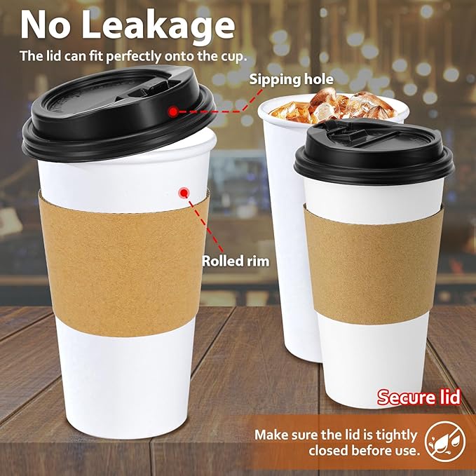 Clawsoff 50 Pack 20 oz Disposable Coffee Cups with Lids and Insulated Sleeves, Leak-free Paper and Sturdy Thick Paper Hot to Go Coffee Cups with Lids for Cold/Hot Beverage (White)