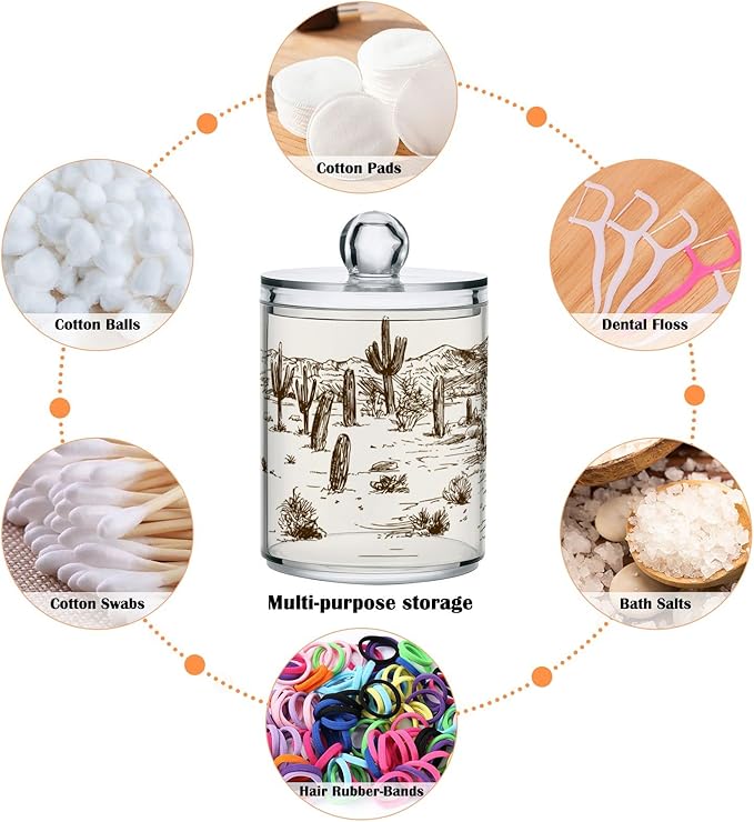 Blueangle 4 Pack Western Desert Cowboy Qtip Holder Dispenser for Cotton Ball, Cotton Swab - Plastic Apothecary Jar Set for Bathroom Canister Storage Organization