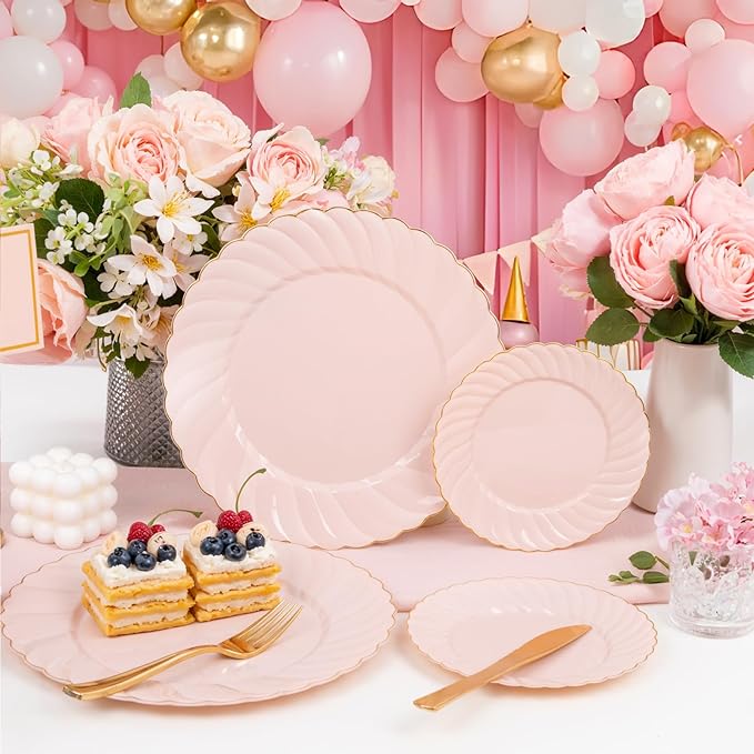 YOUBET 125Pcs Pink Plastic Plates with Gold Rim - Scalloped Plastic Plates Set Includes 25 Dinner, 25 Dessert Plate, 75 Gold Silverware for 25 Guests for Wedding Birthday Baby Shower