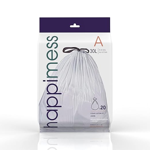 happimess 8 Gallon (30L) Drawstring Trash Bags, Unscented, Clear, Heavy Duty LDPE Liners for Kitchen and Household, Custom Fit, 40 Count (2 Packs of 20 Liners) HPM3000A-C-2SET