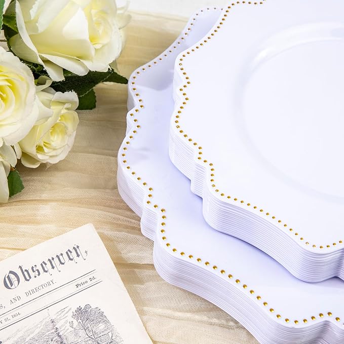COLOSUS 60pcs White and Gold Disposable Plastic Plates Set, Gold White Party Plates, 30pcs Dinner Plates and 30pcs Salad/Dessert Plates for Wedding, Party, Anniversary, Daily Use