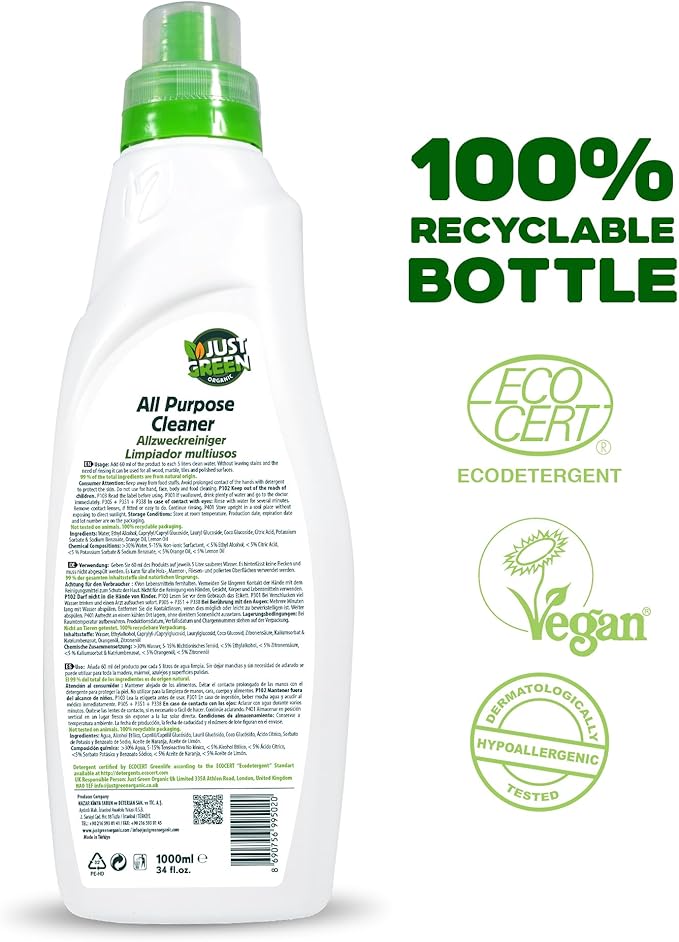 All Purpose Cleaner Spray, Plant-Based Multi-Surface Cleaner, Non-Toxic, Hypoallergenic, EcoCert Certified, Vegan, 33.8 fl oz (1000 ml) - 3 Pack