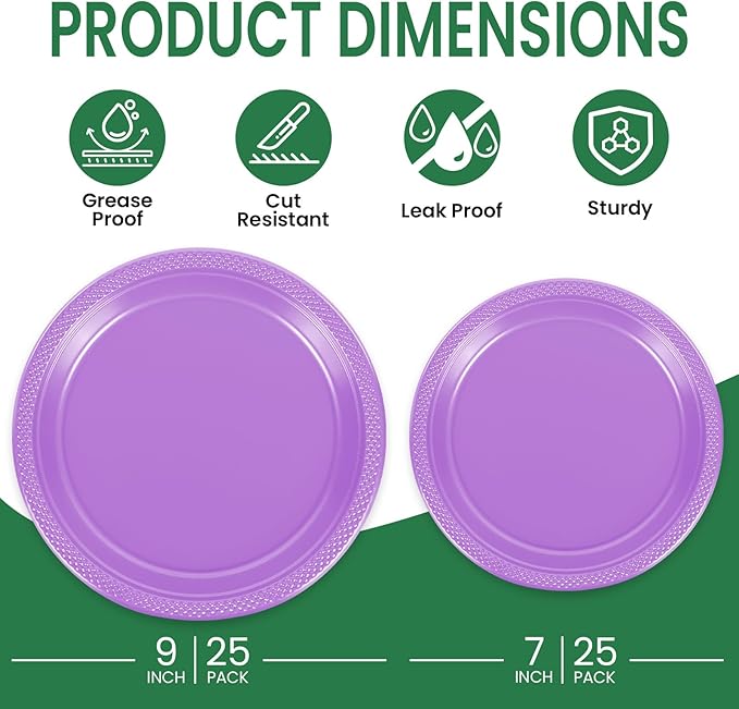 LANLISA 50 Pcs Lavender Plastic Plates For Party, 25-9" & 25-7" Disposable Cake Dessert Plates For Birthday, Baby Shower, Easter, Mothers Day Dinner