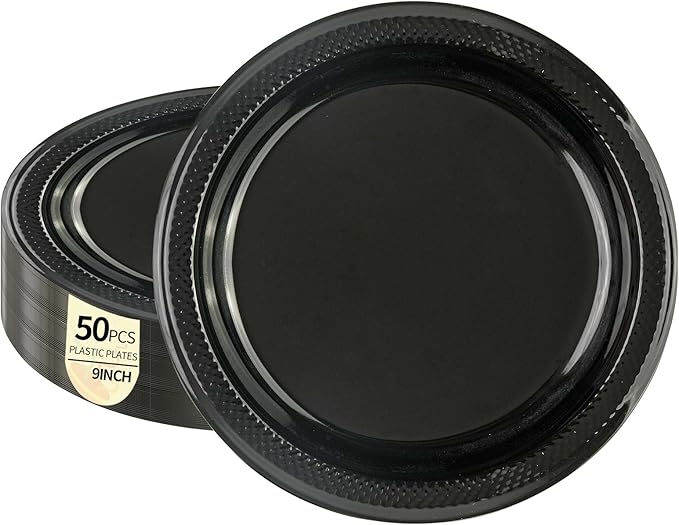 50 PCS Black Plastic Plates, 9Inch Disposable Party Plates Solid Color Dinner Plates for BBQ Picnic Wedding Birthday Party Supplies (Black, 9 Inch)