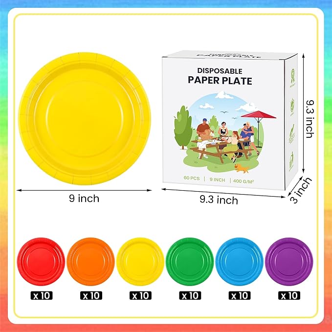 Kochorie 60 Pieces Rainbow Disposable Paper Plates 9 Inch Heavy Duty Dinner Plates, Solid Color, Table Decorations Party Supplies for Birthdays, Weddings, Daily Use