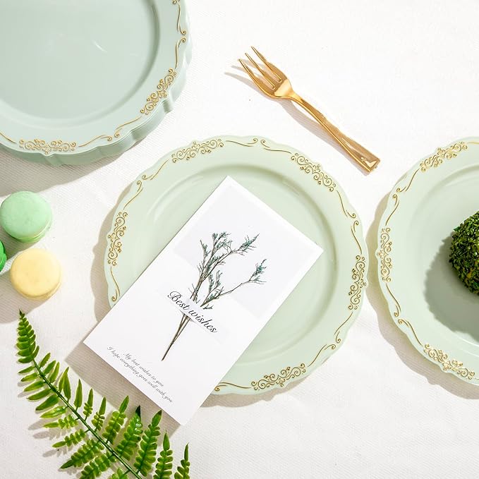 LIYH 100 Pcs Light Green Gold Plastic Dessert Plates with 100 Pcs Gold Dessert Plates, Disposable Sage Green Salad Plates, Includes: 100 Appetizer Plate 7.5" & 100 Golden Cake Forks 5"