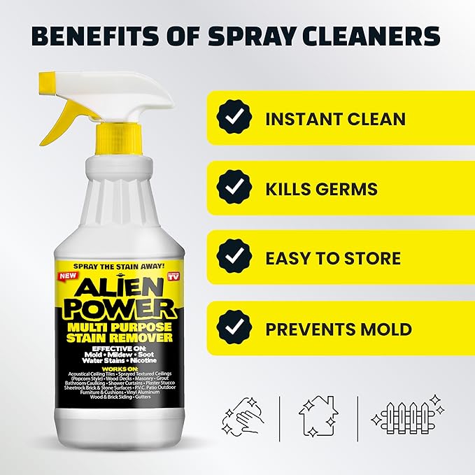 Alien Power 72 Fl Oz Instant Stain Remover Spray for Mold and Mildew and Grout, All Purpose No-Scrub Cleaner for Bathroom & Household Surfaces, Tiles, Wall, Black Mold & Washing Machines - 3 Pack Set