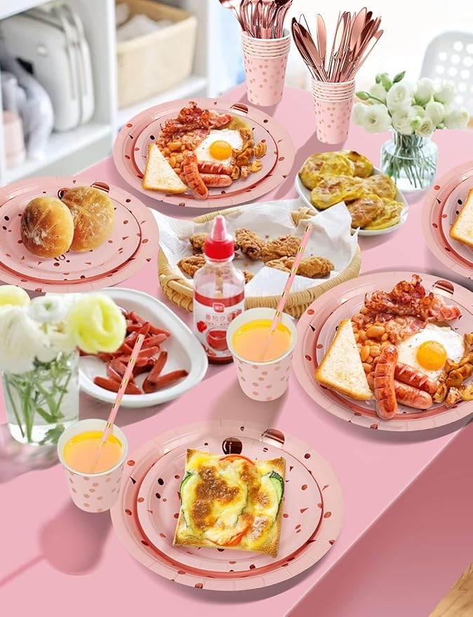 Nkaiso Birthday Party Tableware, 161 Pieces Pink and Rosegold Party Supplies, Party Dinnerware Sets Include Paper Plates Napkins Cups Silverware, for Shower Engagement Parties Decoration -20 Serves