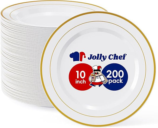 JOLLY CHEF 200 Pieces Gold Plastic Plates, 10 Inch Elegan Disposable Plates White Plate with Gold Rim,Plastic Plates for Christmas、Birthdays and Weddings