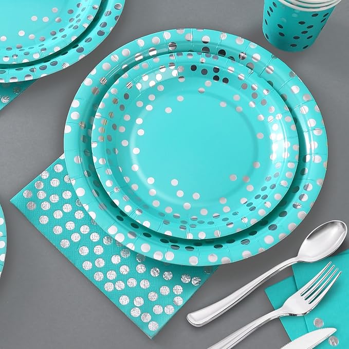 350PCS Teal Birthday Decorations and Silver Party Decorations for Wedding Princess,Teal Plates with Silverr Dot and Silverr Plastic Cutlery Serve 50 Guests