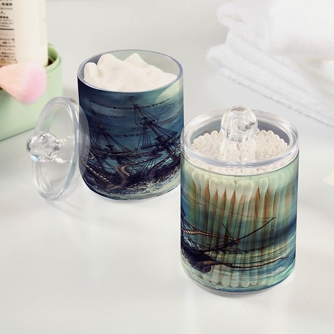 Blueangle 2PCS Pirate Ship Qtip Holder Dispenser with Lids - Apothecary Jar Containers for Vanity Organizer Storage - Plastic Food Storage Canisters