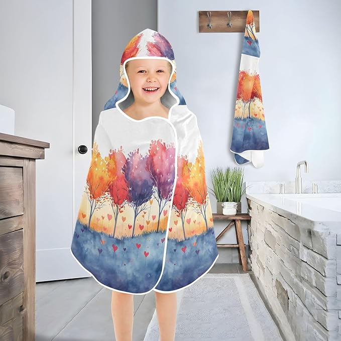 Hooded Towel for Kids Trees with Colorful Leaves Beach Wrap Bath Towels 50x23.5in
