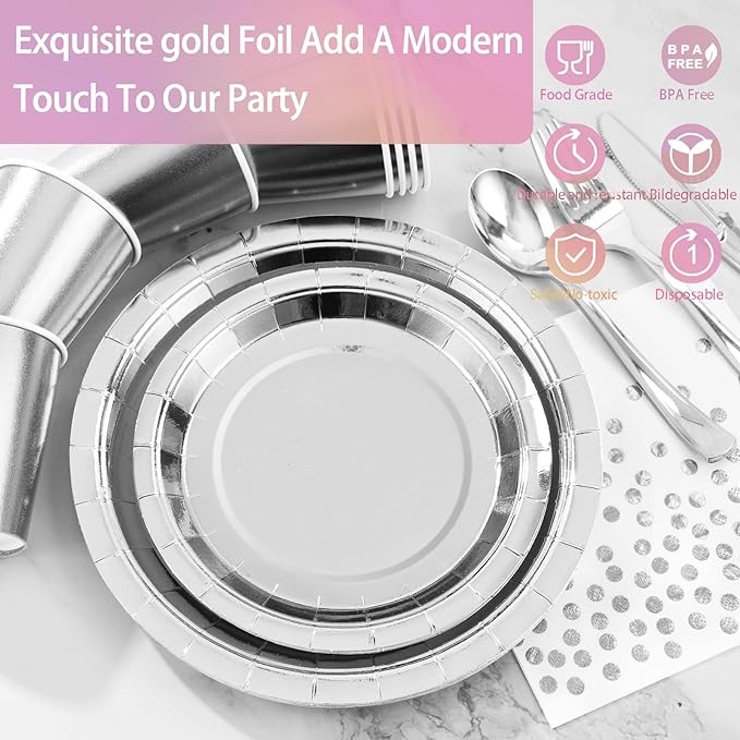 Silver Plates Party Supplies Disposable Dinnerware Set,168pcs Silver Paper Plates and Napkins for Graduation Holiday Disco Birthday Party Decorations Serves 24