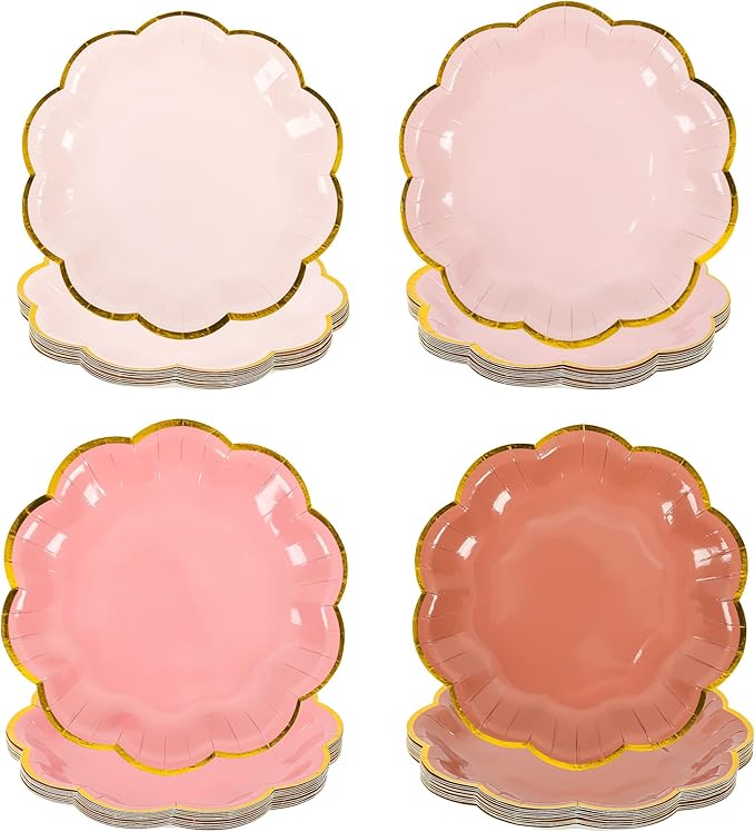 AimFun 24 Pcs Dusty Pink Party Plates Gradient Color Dessert Paper Plate 7inch Gold Foil Scalloped Edge Disposable Cake Plates for Tea Party Birthday Bridal Baby Shower Wedding Party Supplies