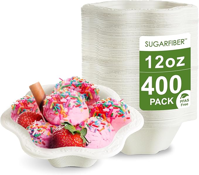 12oz Compostable Bowls[400 Pack] - Disposable Paper Dessert Bowls, White Scalloped Floral Ice Cream Bowls, Eco Friendly Biodegradable Bagasse Party Bowls, Plastic-Free Bulk Bowls, New Version