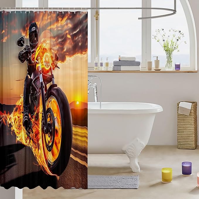 Erosebridal Boys Autocycle Shower Curtain, Flame Motorcycle Bathroom Shower Curtain Dirt Bike Motocross Bath Curtain Extreme Sport Gamer Bathroom Shower Curtains, Waterproof 72" W x 72" L