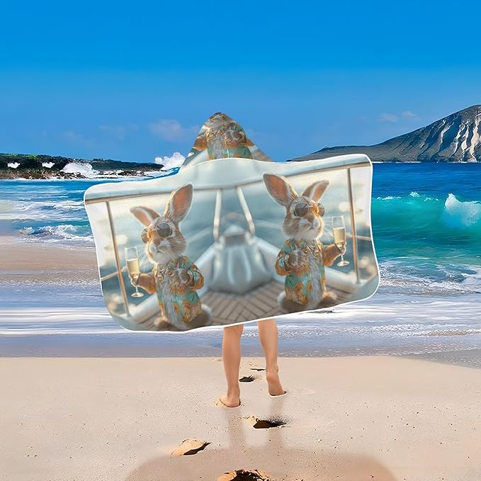 Hooded Towel for Kids Rabbit with Sunglasses Drinking Beach Wrap Bath Towels 50x23.5in