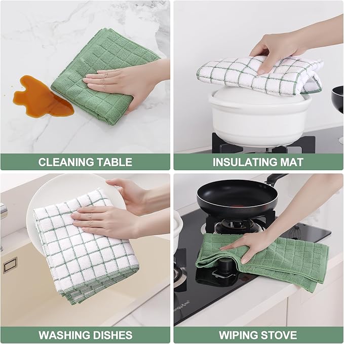 Homaxy Premium Cotton Kitchen Towels 16"x 28", Large Natural Ring Spun 390 GSM Dish Towels, Super Absorbent Terry Kitchen Hand Towels, Soft Tea Towels with Hanging Loop, Grass Green Check, 12 Pack