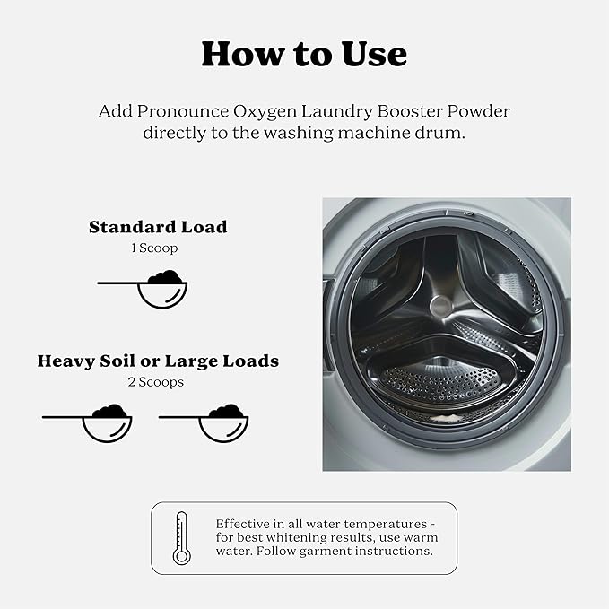 Pronounce Oxygen Laundry Booster with Enzymes - Brightens White & Tough on Stains, Fights Odor. Stain Remover, Cleaner Ingredients, Fragrance Free - Ultra Concentrated, HE - 60 Loads (Unscented)