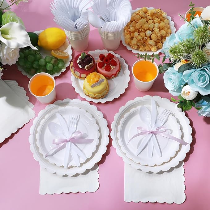 Ziliny 350 Pcs White Plates and Napkins, 50 Guest White Party Supplies Include Scalloped Paper Plates Napkins Cups Plastic Spoons Forks Knives Disposable Tableware Set for Weeding Bridal Baby Shower