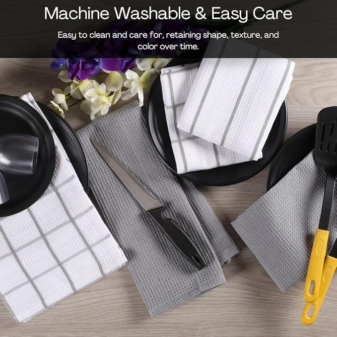 Assorted Waffle Kitchen Dish Towels 100% Cotton Set of 6, Soft Absorbent Quick Drying Table and Kitchen Linen, Tea Towels and Cleaning Towels with Hanging Loop, Dish Towels 15x25 Grey