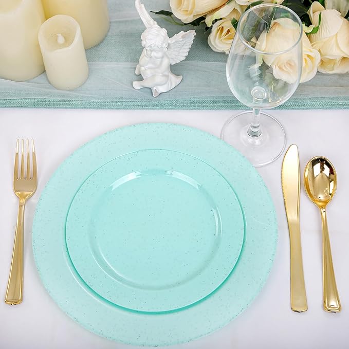 DaYammi 60Pcs Greeen Plastic Plates,Disposable Green Plates With Glitter,Granite Plastic Platos Include 30 Dinner Plate 10.25inch,30 Dessert Plate 7.5inch,Green plastic plates for Party Dinner