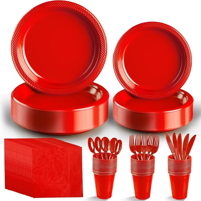 Red Plastic Plates, Graduation Plates Set,Disposable Plastic Dinnerware for Graduation Party Wedding Birthday,Serve 25 Guests