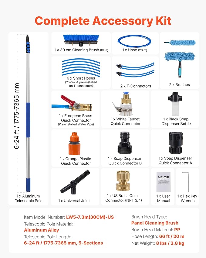 VEVOR Solar Panel Cleaning Kit, 24 ft, Water Fed Pole Kit with Cleaning Brush, Soap Dispenser, Extendable Aluminum Telescopic Pole, 180° Rotatable Brush Head, for Roof Mounted Solar Panels, Windows
