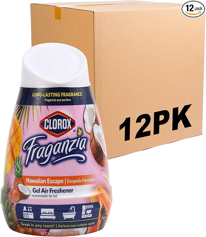 Clorox Fraganzia Gel Air Freshener Cone, Hawaiian Escape Scent - No-Plug, Battery-Free Air Freshener for Small Rooms, Closets, Kitchens, Bathrooms, Offices and More, 6 Ounce - 12 Pack