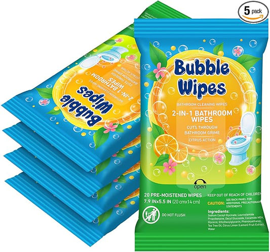 5 Pack Bathroom Cleaning Wipes 100/200 Count 2-in-1 Citrus Scent Wipes Cleaner for Bathroom Toilet, Sink, Tile & Shower -Reusable Sealable Pouch, No Scrubbing Needed
