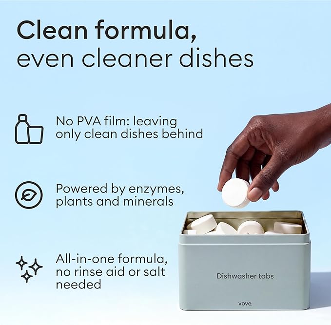 Vove Dishwasher Detergent Tablets, 40 Count - Plastic-Free, No PVA, No Microplastics - 2x Enzyme Power for Sparkling Dishes - Plant-Based, Fragrance-Free, Septic Safe, FSC-Certified Kraft Packaging