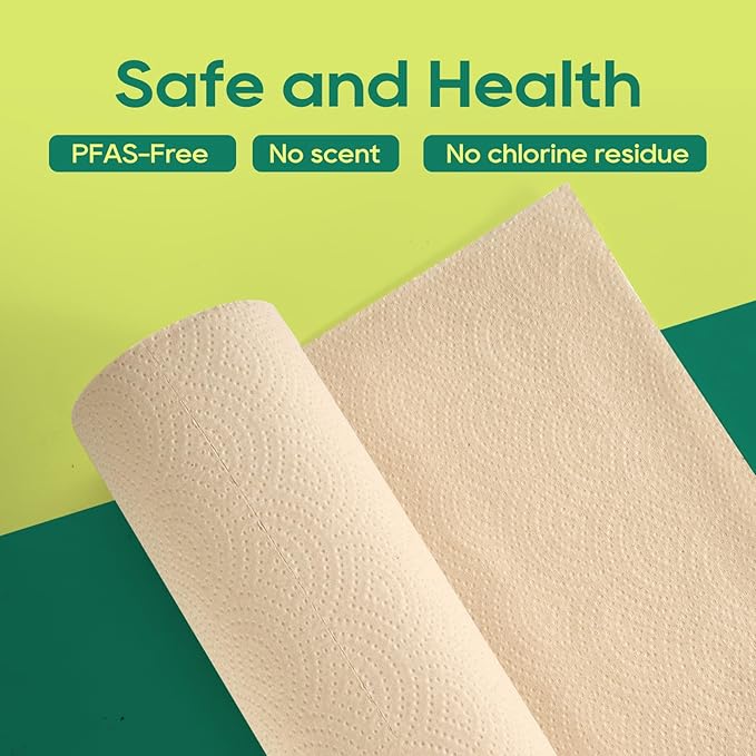 ECOlipak Paper Towels - 8 Rolls, 2 Ply 120 Sheets- Plastic Free, Tree Free, Compostable, Disposable Kitchen Paper Towels, Soft and Absorbent, PFAS Free, Nature