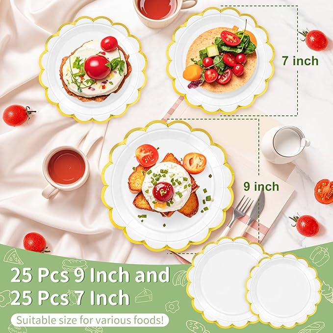 50 Pcs White Paper Plates, 25 Pcs 9" and 25 Pcs 7" Disposable White Scalloped Plates with Gold Foil for Graduation Wedding Baby Shower Birthday Party Picnic BBQ