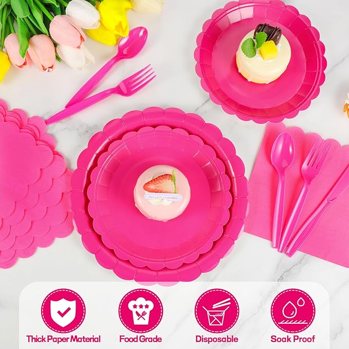 350 Pcs Hot Pink Paper Plates and Napkins, 50 Guest Hot Pink Party Supplies Include Scalloped Plates Napkins Cups Plastic Cutlery for Baby Shower,Birthday,Bridal Shower