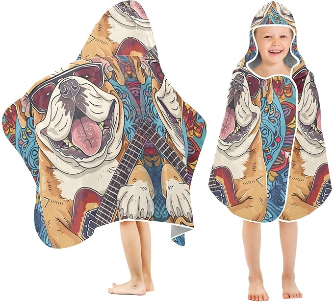 Hooded Towel for Kids Happy Bulldog Playing Guitar Beach Wrap Bath Towels 50x23.5in