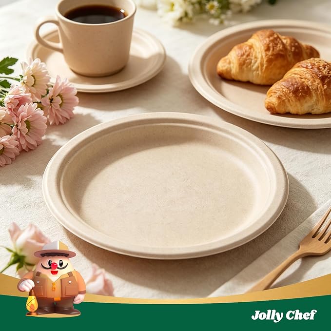JOLLY CHEF Compostable Heavy Duty Plates 𝟭𝟬 𝗜𝗻𝗰𝗵 [𝟭𝟮𝟱 𝗣𝗮𝗰𝗸] Eco-Friendly Disposable Paper Plates Natural Bagasse Biodegradable Sugarcane Bulk for Party Hot Cold Dinner Christmas (Brown)