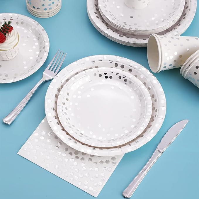 Silver Paper Plates and Napkins Party Supplies, White and Silver Plates Serve 24, 168Pcs Silver Party Decorations for Wedding Bachelorette First Communion Graduation Party