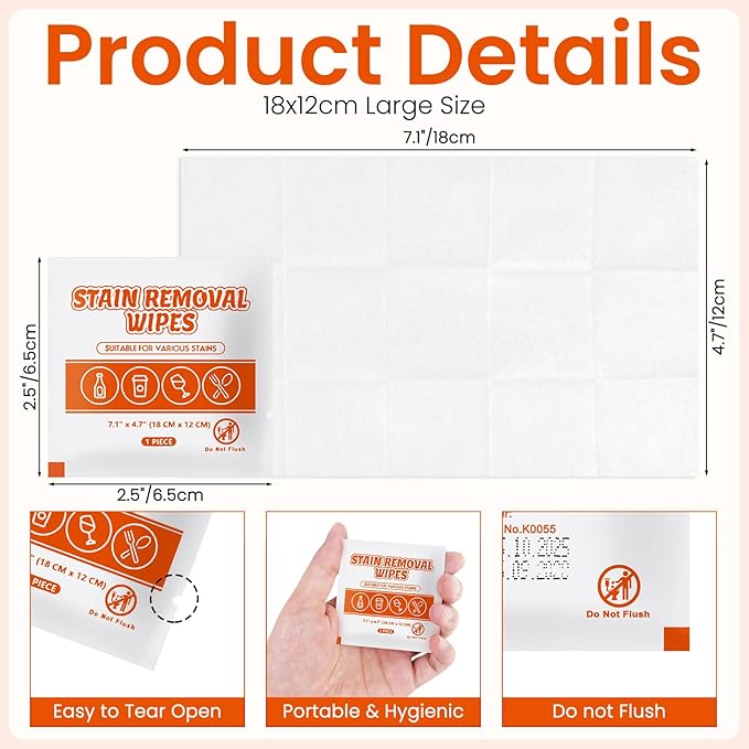 Stain Remover Wet Wipes Bulk, Individual Wrapped Clothes Portable Travel Messy Eater Cleaning Laundry Stain Removal Wipes Pocket Size for Clothing Fabric/Shoes/Wine/Fast Food 7.1 x 4.7 Inch (White 50)